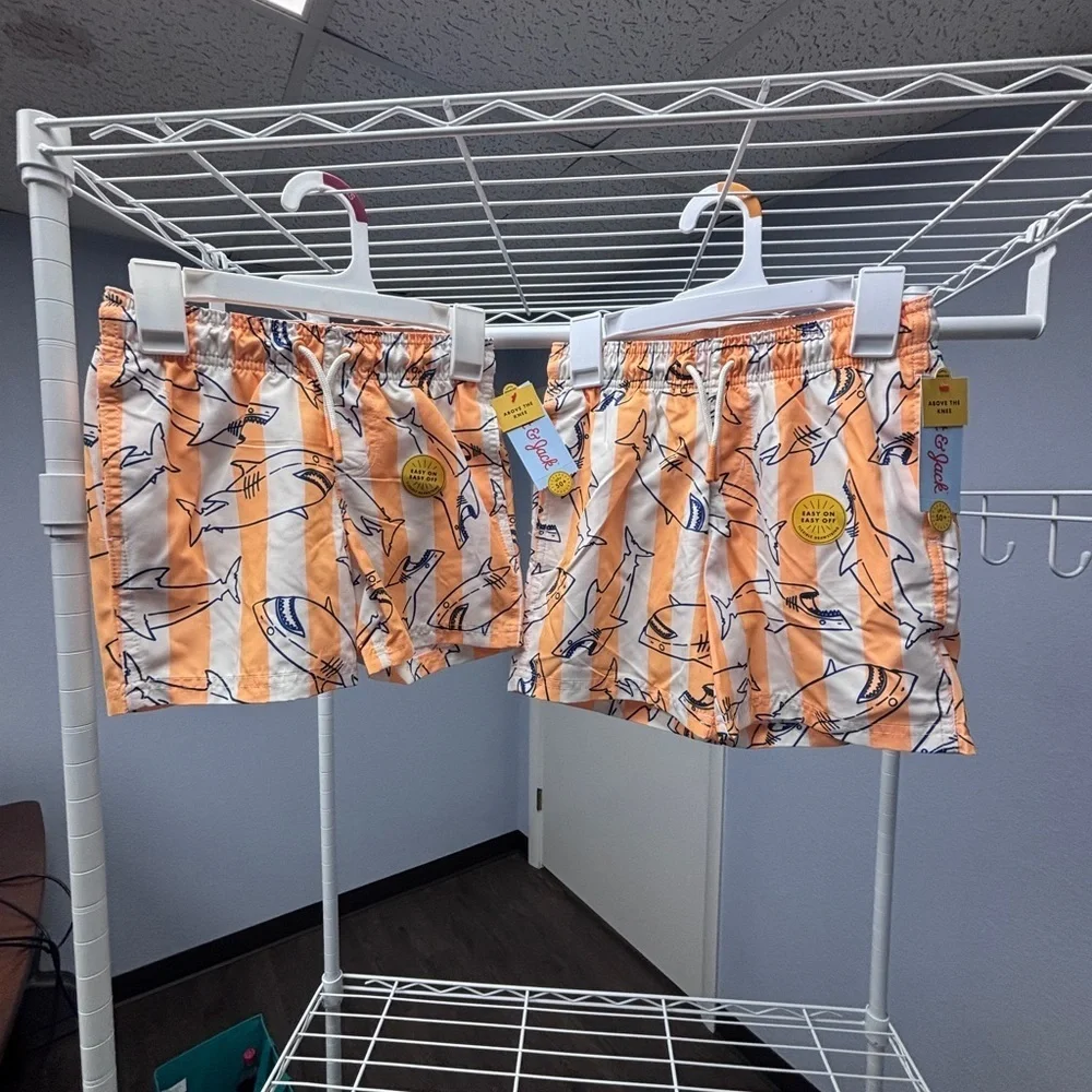 NWT Cat & Jack Irish Twin 4/5yo & 6/7yo JAWS Orange & White Striped Swim Shorts